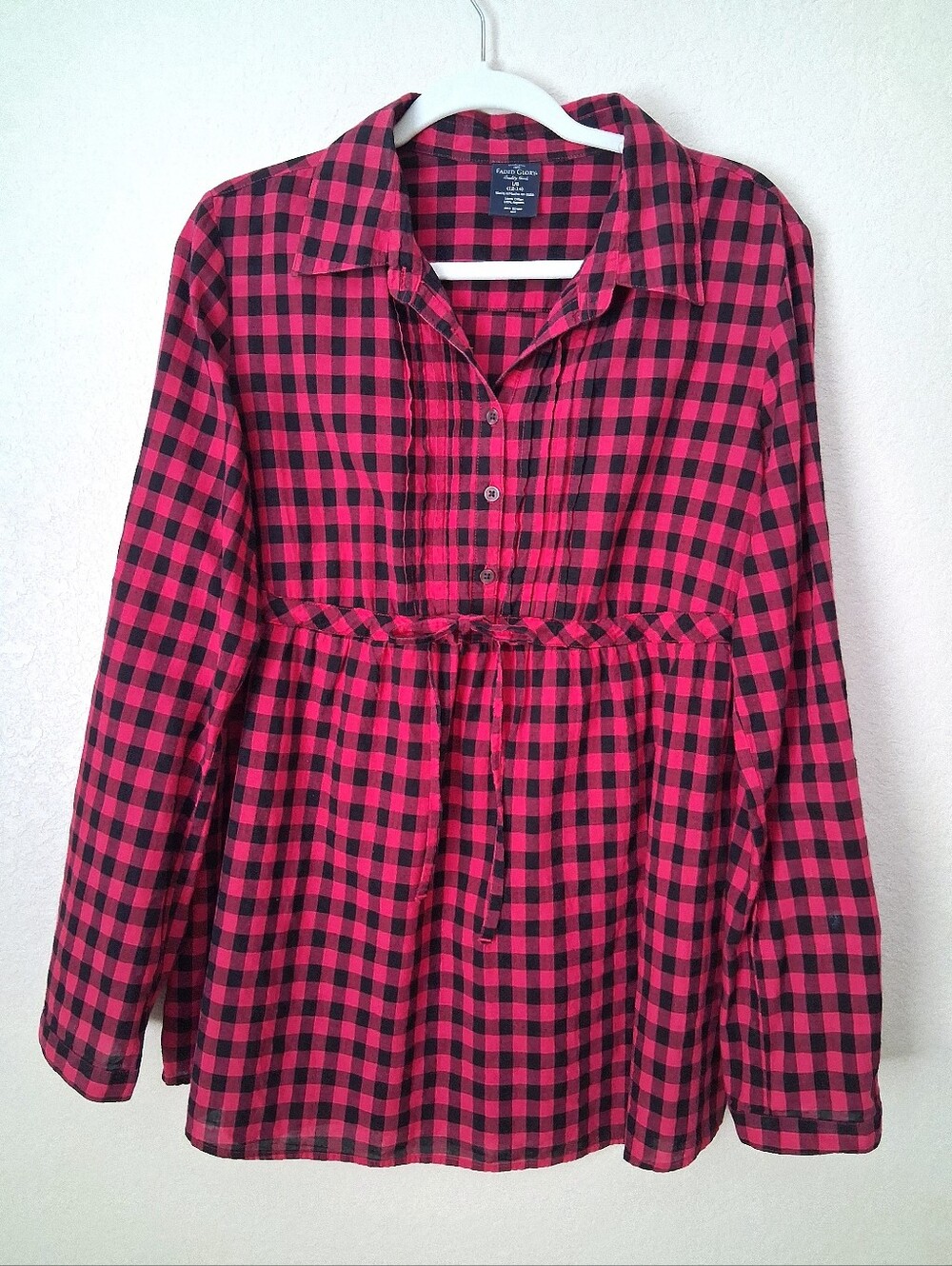 Faded Glory Large Plaid Tunic Peplum Blouse Gingham Cotton Top Black Pink